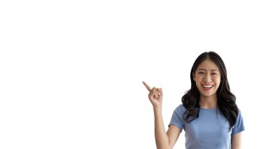 Asian woman pointing finger inviting click here, It is recommended to follow this direction or click on this link, Space for promotion here, Register or apply for membership, Click here.