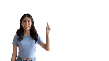 Asian woman pointing finger inviting click here, It is recommended to follow this direction or click on this link, Space for promotion here, Register or apply for membership, Click here.