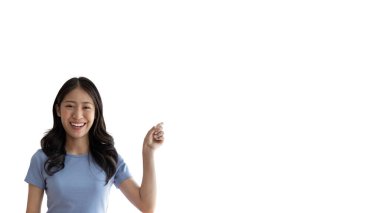 Asian woman pointing finger inviting click here, It is recommended to follow this direction or click on this link, Space for promotion here, Register or apply for membership, Click here.