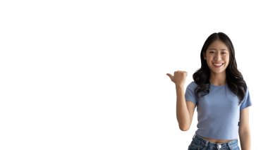 Asian woman pointing finger inviting click here, It is recommended to follow this direction or click on this link, Space for promotion here, Register or apply for membership, Click here.