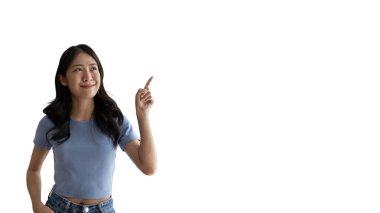 Asian woman pointing finger inviting click here, It is recommended to follow this direction or click on this link, Space for promotion here, Register or apply for membership, Click here.