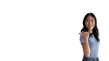 Asian woman pointing finger inviting click here, It is recommended to follow this direction or click on this link, Space for promotion here, Register or apply for membership, Click here, Click below.