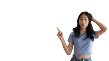 Asian woman pointing finger inviting click here, It is recommended to follow this direction or click on this link, Space for promotion here, Register or apply for membership, Click here.