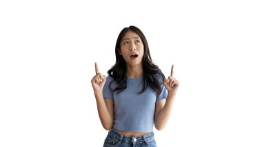 Asian woman pointing finger inviting click here, It is recommended to follow this direction or click on this link, Space for promotion here, Register or apply for membership, Click here, Click below.