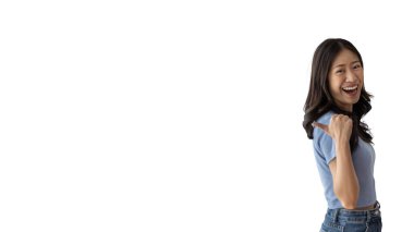 Asian woman pointing finger inviting click here, It is recommended to follow this direction or click on this link, Space for promotion here, Register or apply for membership, Click here, Click below.