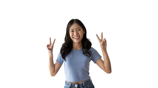 Young Asian Woman Making Two Thumbs Gesture Showing Joy Fun — Stock Photo, Image