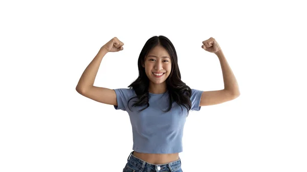 Woman Flexing Her Muscles Young Asian Woman Shows Her Strength — Stock Photo, Image