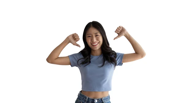 Młoda Azjatka Wskazując Palcem Siebie Koncepcja Miłości Siebie Wierzyć Siebie — Zdjęcie stockowe