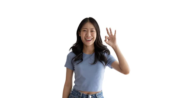 Young Asian Woman White Background Doing Sign Hands Symbol Welcome — Stock Photo, Image