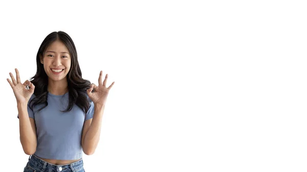 Young Asian Woman White Background Doing Sign Hands Symbol Welcome — Stock Photo, Image