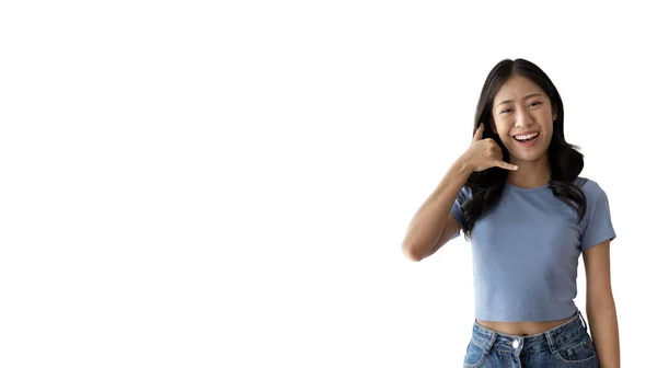 Volací Znak Světlé Mladé Asijské Ženy Zvoucí Volání Izolované Bílém — Stock fotografie