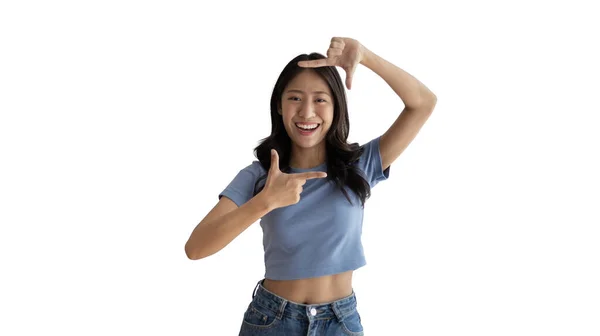 Lekfull Ung Asiatisk Kvinna Gott Humör Poserar För Foto Eller — Stockfoto