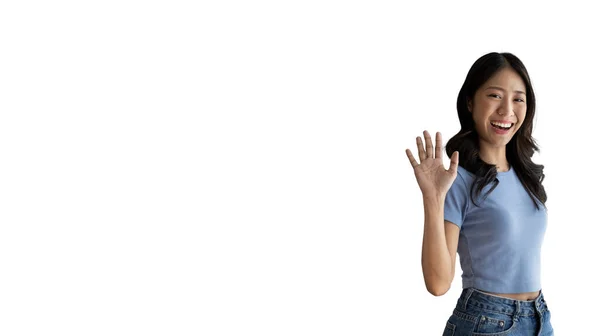 Zwaaiende Hand Aziatische Vrouw Glimlachend Vriendelijke Groet Hallo Leuk Ontmoeten — Stockfoto
