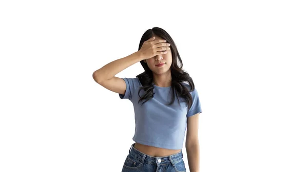 Young Woman Covering Her Face Eyes Her Hands Isolated Cover — Stock Photo, Image