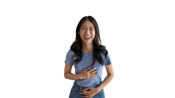 Mujer Asiática Riendo Felizmente Sobre Fondo Blanco Felicidad Través Risa —  Fotos de Stock