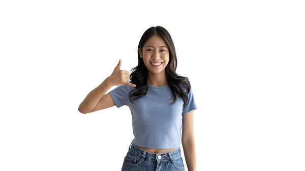 Anropssignal Ljusa Unga Asiatiska Kvinna Inbjuder Till Samtal Isolerad Vit — Stockfoto