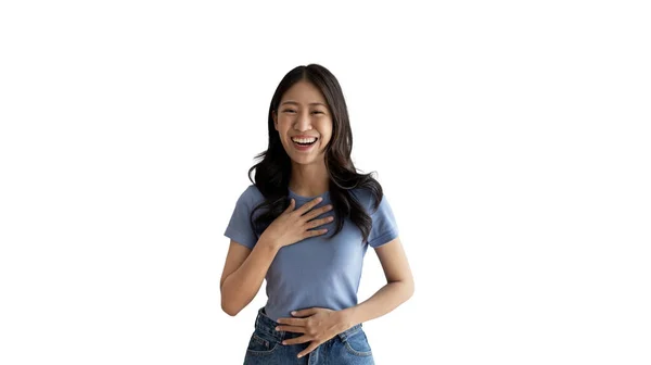 Mulher Asiática Rindo Alegremente Fundo Branco Felicidade Através Riso Engraçado — Fotografia de Stock