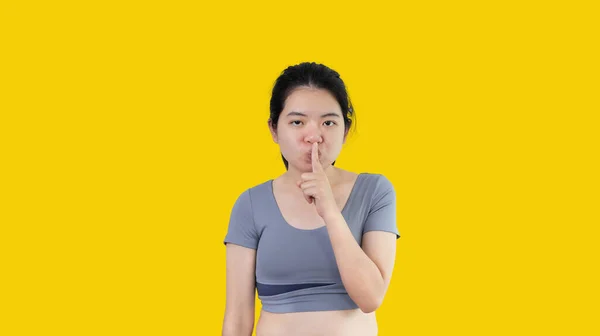 Asian Woman Doing Silent Gesture Finger Noiseless Symbol Noisy Mall — Stock Photo, Image