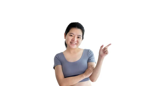 Asian Woman Pointing Finger Inviting Click Here Recommended Follow Direction — Foto de Stock