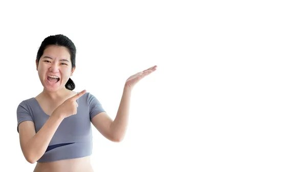 Asian Woman Pointing Finger Inviting Click Here Recommended Follow Direction — Fotografia de Stock