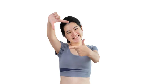 Speelse Jonge Aziatische Vrouw Goed Humeur Poseren Voor Foto Fotolijstje — Stockfoto