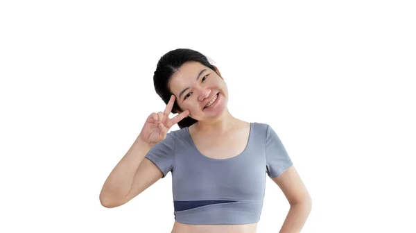 Jonge Aziatische Vrouw Maken Twee Duimen Omhoog Gebaar Tonen Vreugde — Stockfoto
