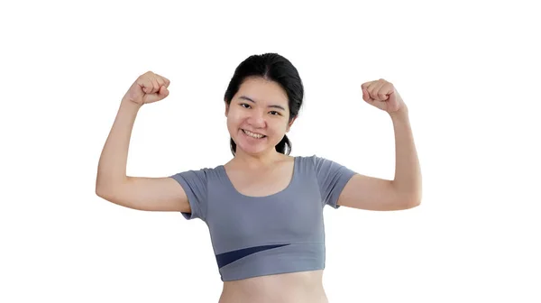 Woman Flexing Her Muscles Young Asian Woman Shows Her Strength — Stock Photo, Image
