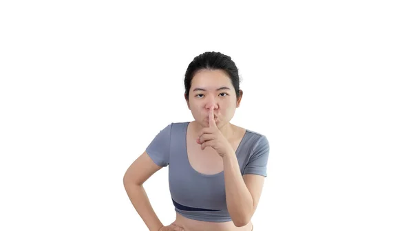 Asiatisk Kvinna Gör Tyst Gest Med Finger Bullerfri Symbol Bullriga — Stockfoto