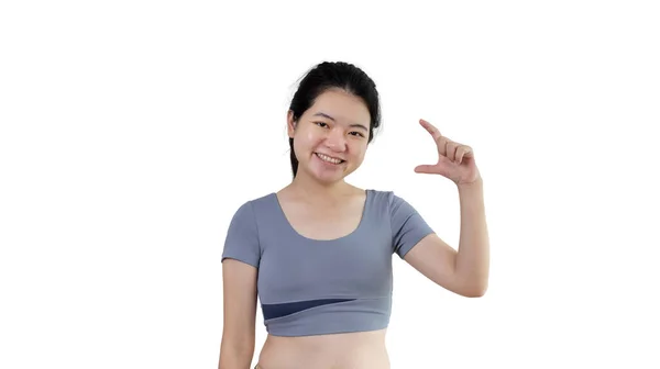 Mulher Asiática Com Segurando Copyspace Imaginário Palma Mão Para Inserir — Fotografia de Stock