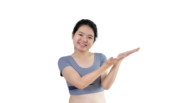 Asian Woman Holding Copyspace Imaginary Palm Insert Showing Copyspace Pointing — Stock Photo, Image