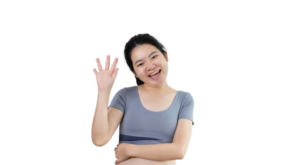 Waving Hand Mulher Asiática Sorrindo Saudação Amigável Olá Prazer Conhecê — Fotografia de Stock