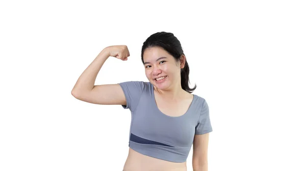 Женщина Показывает Свои Мускулы Молодая Азиатка Показывает Свою Силу Показывая — стоковое фото