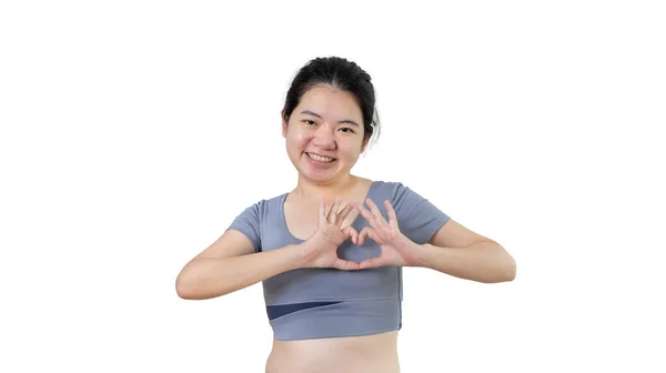 Asian Young Woman Bright Smile Making Heart Symbol Shape Hands — Stock Fotó