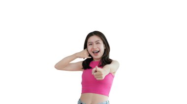 Call sign, Bright young asian woman inviting to call isolated on yellow background, Suggest to call or invite to apply for membership, Isolated on yellow background