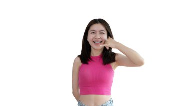 Call sign, Bright young asian woman inviting to call isolated on yellow background, Suggest to call or invite to apply for membership, Isolated on yellow background