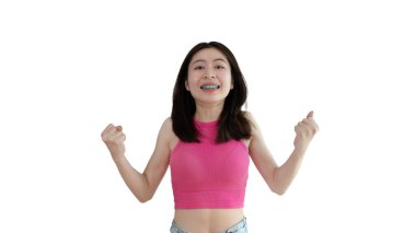 Asian woman smiling happily isolated on yellow background, Woman loves and rejoices herself, Contented, Pure love, Love myself, Proud of yourself, Self-made happiness, Optimism, Painting Therapy with a smile.