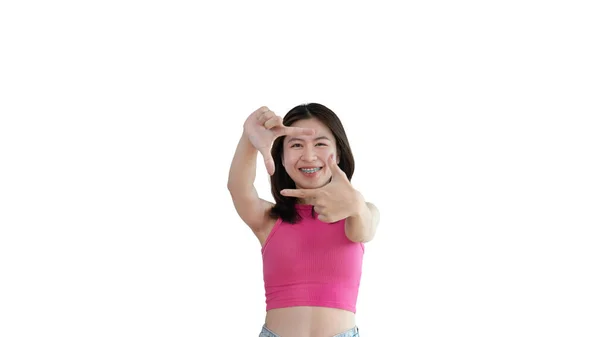Playful Young Asian Woman Good Mood Posing Photo Photo Frame — Stok fotoğraf