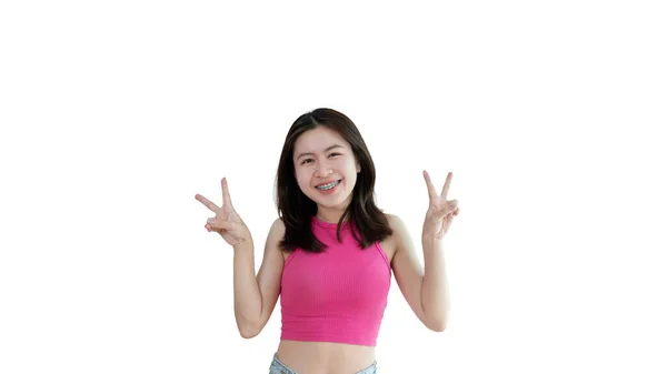 Young Asian Woman Making Two Thumbs Gesture Showing Joy Fun — Stock Fotó