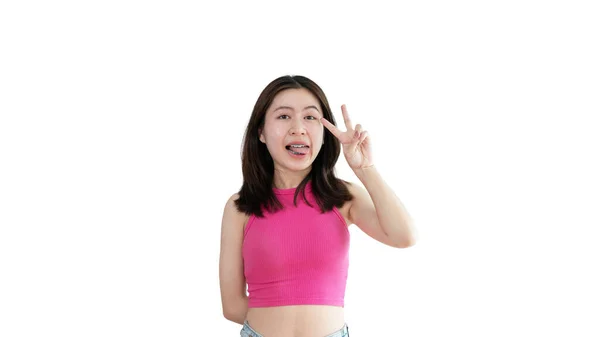 Young Asian Woman Making Two Thumbs Gesture Showing Joy Fun — Stok fotoğraf