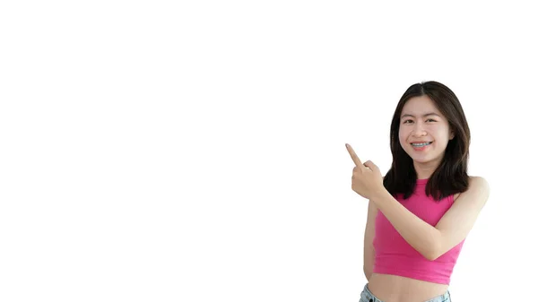 Asian Woman Pointing Finger Inviting Click Here Recommended Follow Direction — Stok fotoğraf