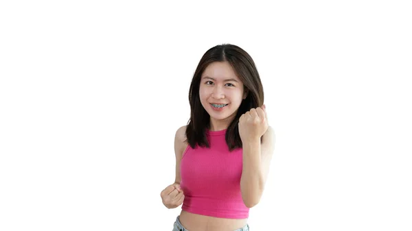 Asian Woman Smiling Happily Isolated Yellow Background Woman Loves Rejoices —  Fotos de Stock