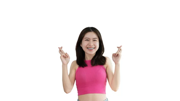 Young Asian Woman Making Symbolic Gesture Fingers Crossed Showing Good — Φωτογραφία Αρχείου