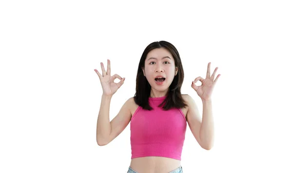 Young Asian Woman Yellow Background Doing Sign Hands Symbol Welcome — Fotografia de Stock