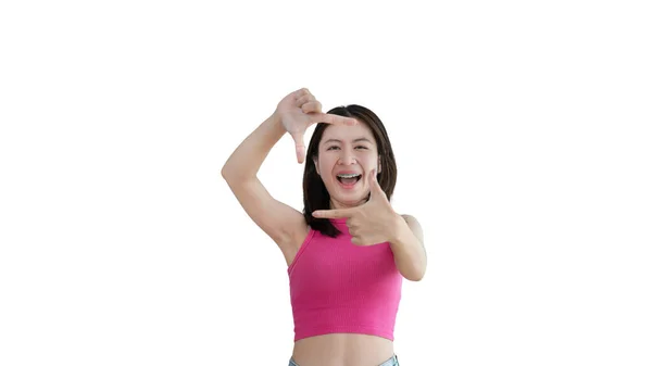 Playful Young Asian Woman Good Mood Posing Photo Photo Frame — Stock fotografie