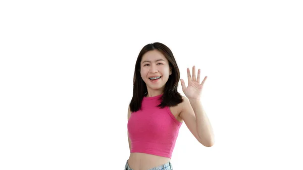 Waving Hand Asian Woman Smiling Friendly Greeting Hello Nice Meet — стоковое фото