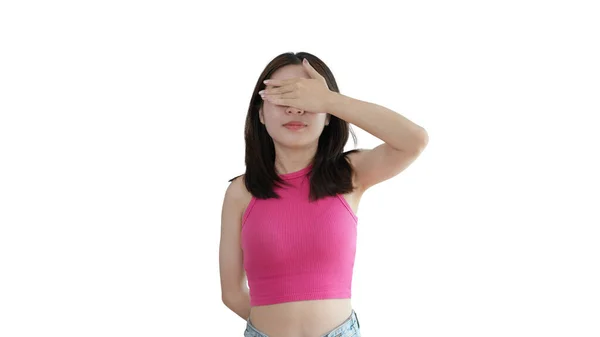 Young Woman Covering Her Face Eyes Her Hands Isolated Cover — Stockfoto