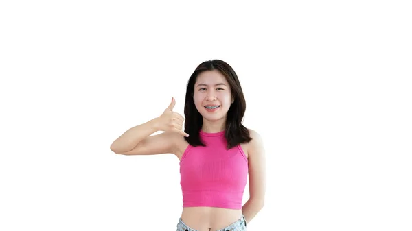 Call Sign Bright Young Asian Woman Inviting Call Isolated Yellow — Stockfoto