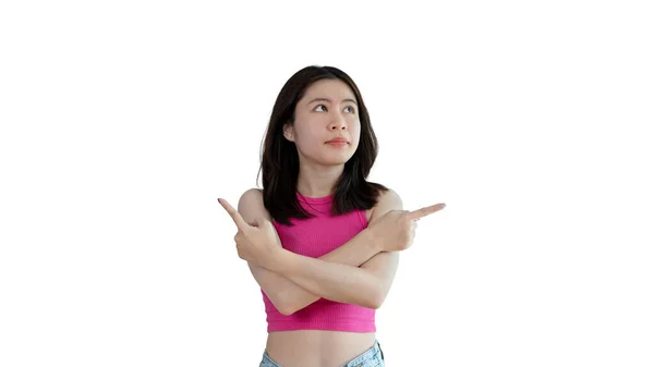 Asian Woman Pointing Finger Inviting Click Here Recommended Follow Direction — Stockfoto
