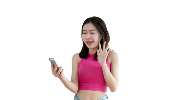 Waving Hand Asian Woman Smiling Friendly Greeting Hello Nice Meet — Stockfoto
