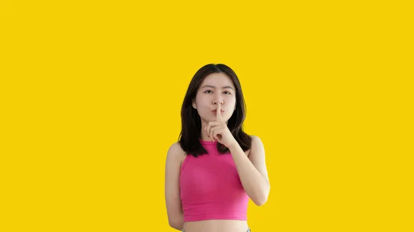 Asian Woman Doing Silent Gesture Finger Noiseless Signal Transmission Noiseless — стоковое фото